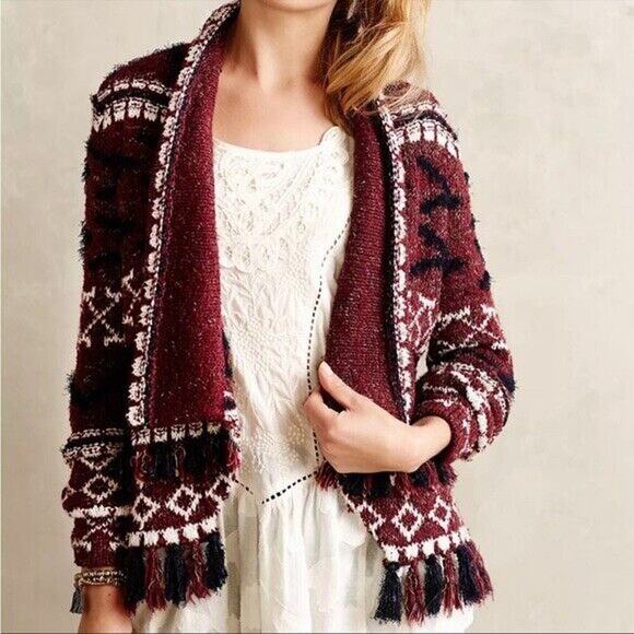 Anthropologie Moth Vera Fringe Cardigan XS S Sweater Aztec Cotton Red Cream Fall - Picture 3 of 15